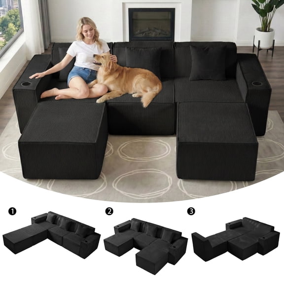 SEENYOO 105" Cloud Sectional Couch, U Shape 3-Seater Couch with 2 Ottomans, Boneless Corduroy Sofa for Living Room, Deep Seat, No Assembly Required, Black