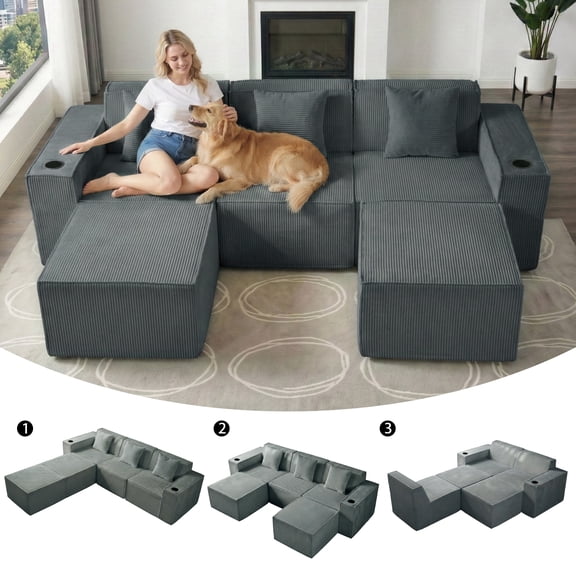 SEENYOO 105" Cloud Sectional Couch, U Shape 3-Seater Couch with 2 Ottomans, Boneless Corduroy Sofa for Living Room, Deep Seat, No Assembly Required, Gray