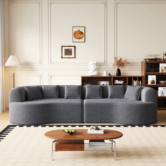 SEENYOO 106.3" Boneless Couch, Sectional for Living Room, Curved 4-Seater Cloud Style, 6 Pillows & Memory Foam Deep Seat, Chenille Upholstery, Gray