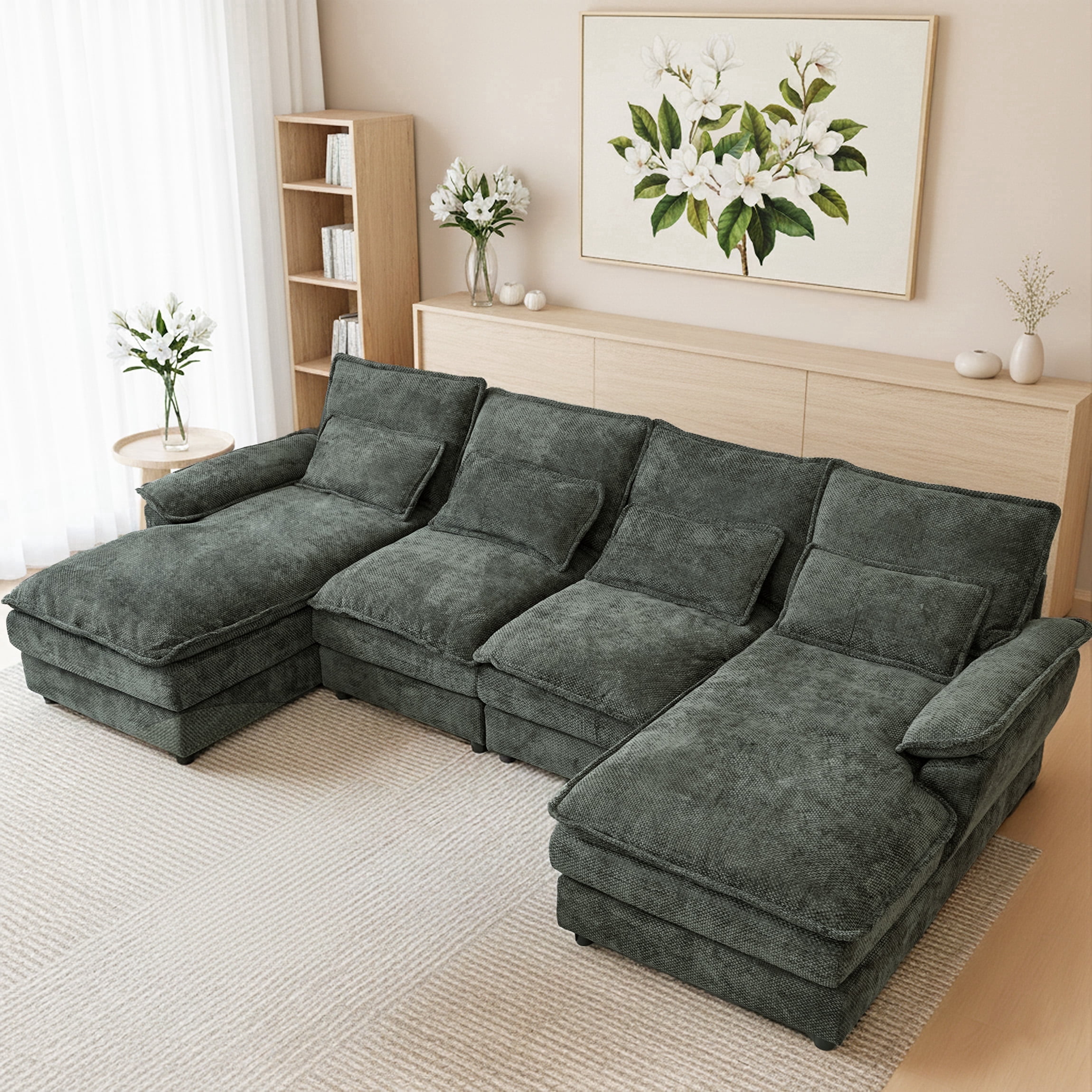 SEENYOO 110.24" U-Shaped Couch, Cloud Modular Sectional Sofa with Chenille Fabric, 4-Seat Comfy Couch for Living Room, Black-Gray
