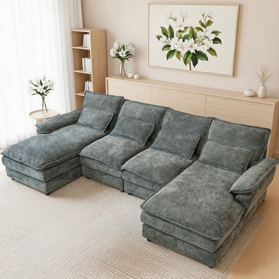 SEENYOO 110.24" U-Shaped Couch, Cloud Modular Sectional Sofa with Chenille Fabric, 4-Seat Comfy Couch for Living Room,Gray