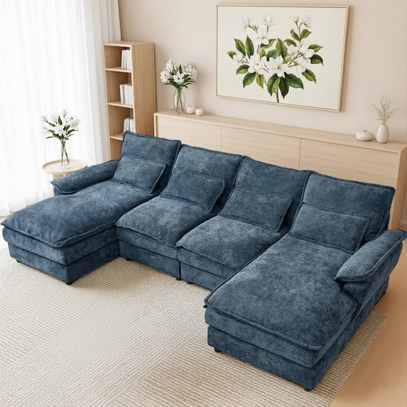 SEENYOO 110.24" U-Shaped Couch, Cloud Modular Sectional Sofa with Chenille Fabric, 4-Seat Comfy Couch for Living Room,Blue