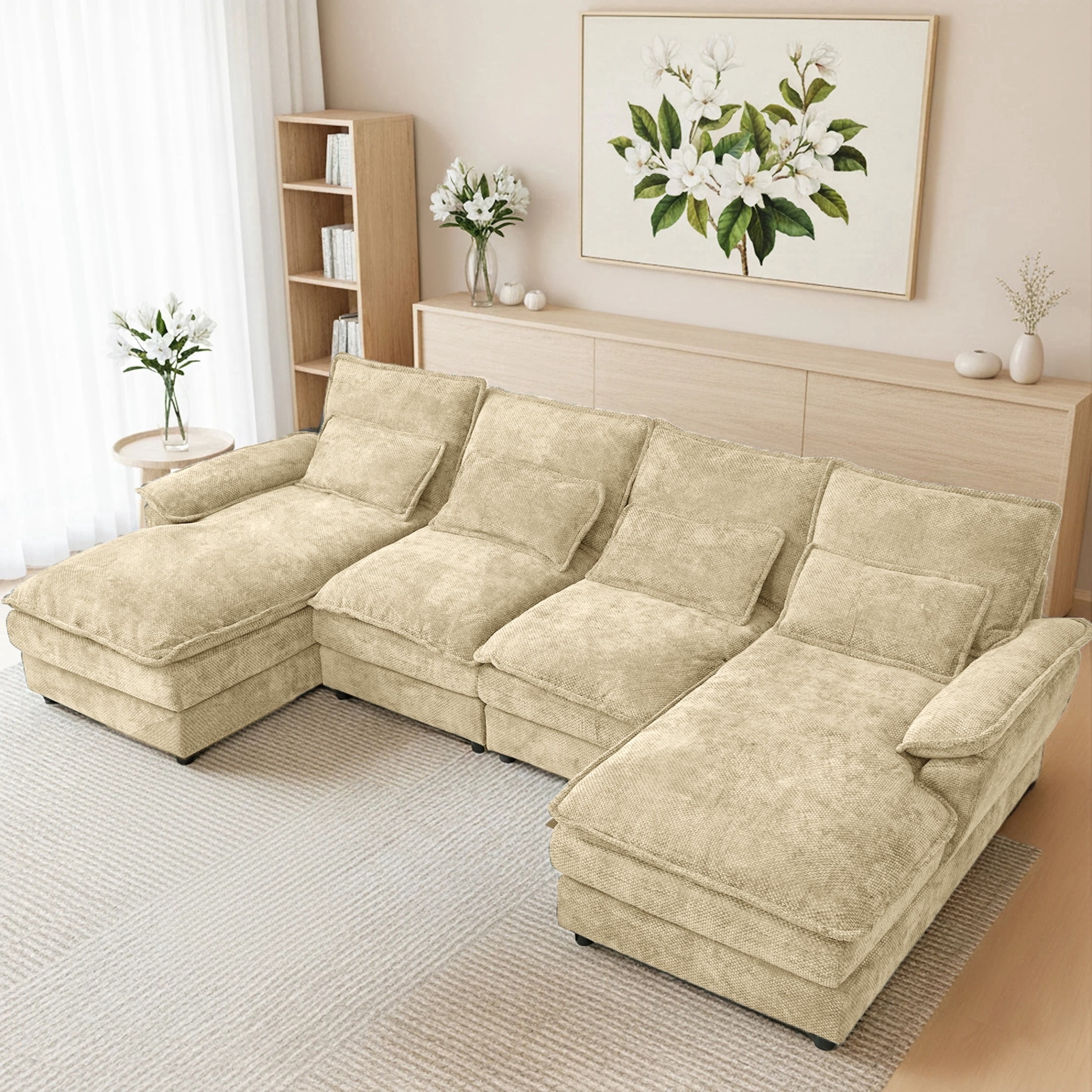 SEENYOO 110.24" U-Shaped Couch, Cloud Modular Sectional Sofa with Chenille Fabric, 4-Seat Comfy Couch for Living Room,Khaki