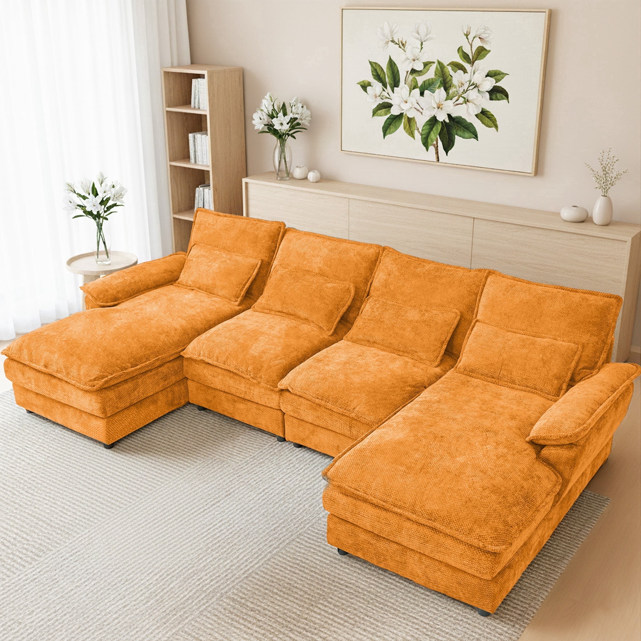 SEENYOO 110.24" U-Shaped Couch, Cloud Modular Sectional Sofa with Chenille Fabric, 4-Seat Comfy Couch for Living Room,Orange