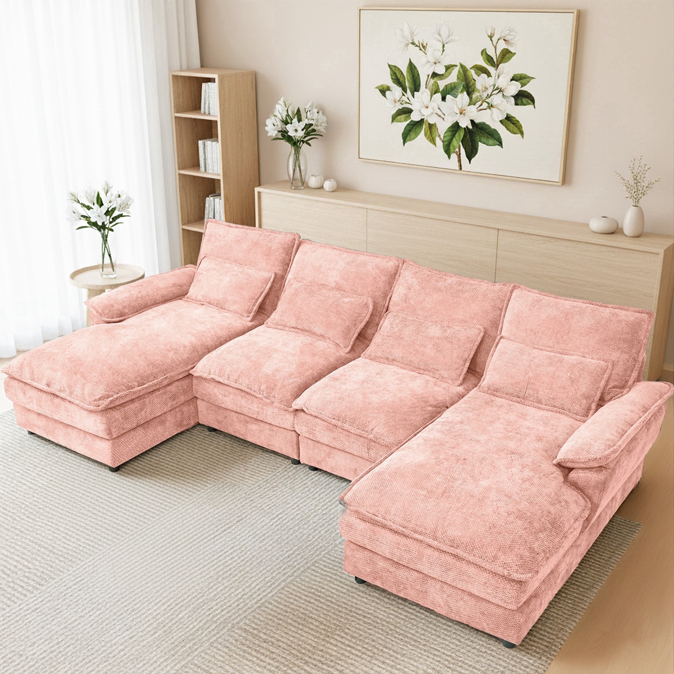 SEENYOO 110.24" U-Shaped Couch, Cloud Modular Sectional Sofa with Chenille Fabric, 4-Seat Comfy Couch for Living Room,Pink