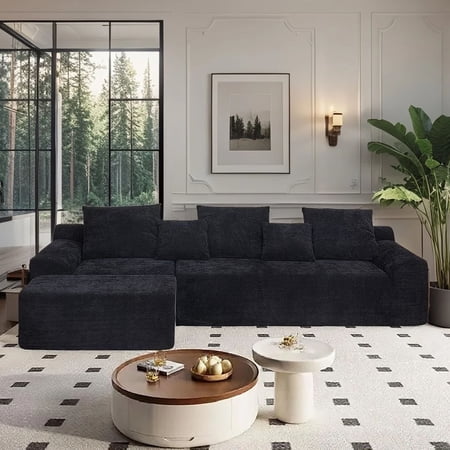 SEENYOO 111.2" Modular L-Shaped Sectional Sofa with Chaise – Premium Chenille Upholstered Couch, Adjustable 4-Seater Black Boneless Sofa