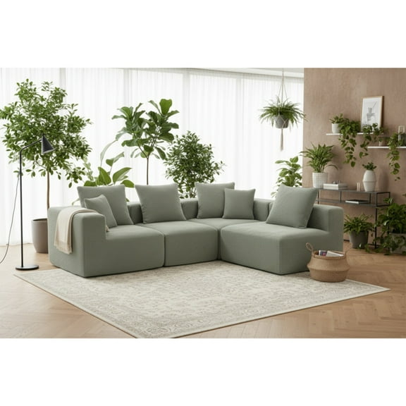 SEENYOO 111" Cloud Couch, Modular Cloud Sectional Sofa, L-Shaped All-Foam Deep-Seat, Plush Textured Chenille Upholstery, Compressed Shipping, Light Green