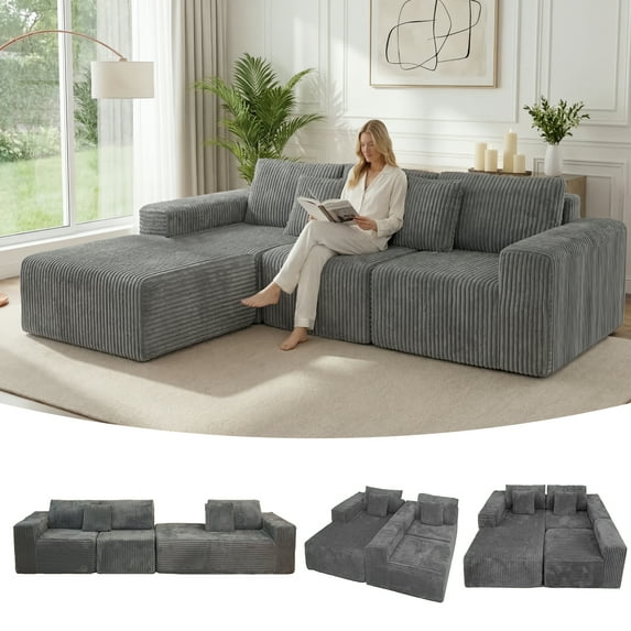 SEENYOO 112.99" Cloud Couch, L Shaped Sectional Sofa, Plush Corduroy Modular Deep Seat, Upholstered with Right Facing Chaise, No Assembly, for Living Room Bedroom, Gray