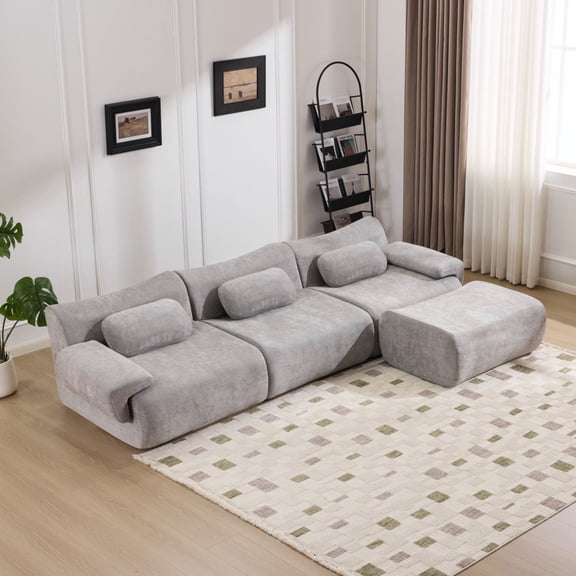 SEENYOO 117" Modular Sofa, L Shaped Sectional Couch, Chenille 3+1 Seater Couch, Deep-Seat Design, Modular Combination, Bamboo Joint Shape, Grey