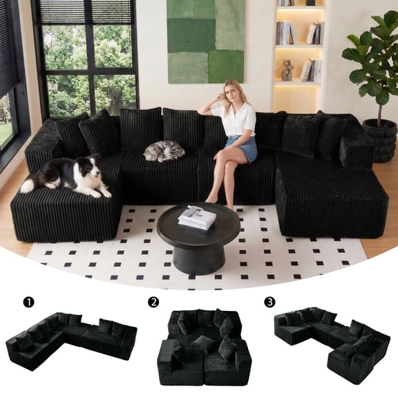 SEENYOO 130" Cloud Couch, Sectional Couches for Living Room, U-Shaped Modular Sofa with Chaise, 4-Seat Oversized Boneless Couch, No Assembly, Black