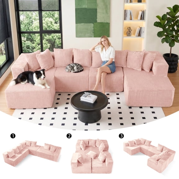 SEENYOO 130" Cloud Couch, Sectional Couches for Living Room, U-Shaped Modular Sofa with Chaise, 4-Seat Oversized Boneless Couch, No Assembly, Pink
