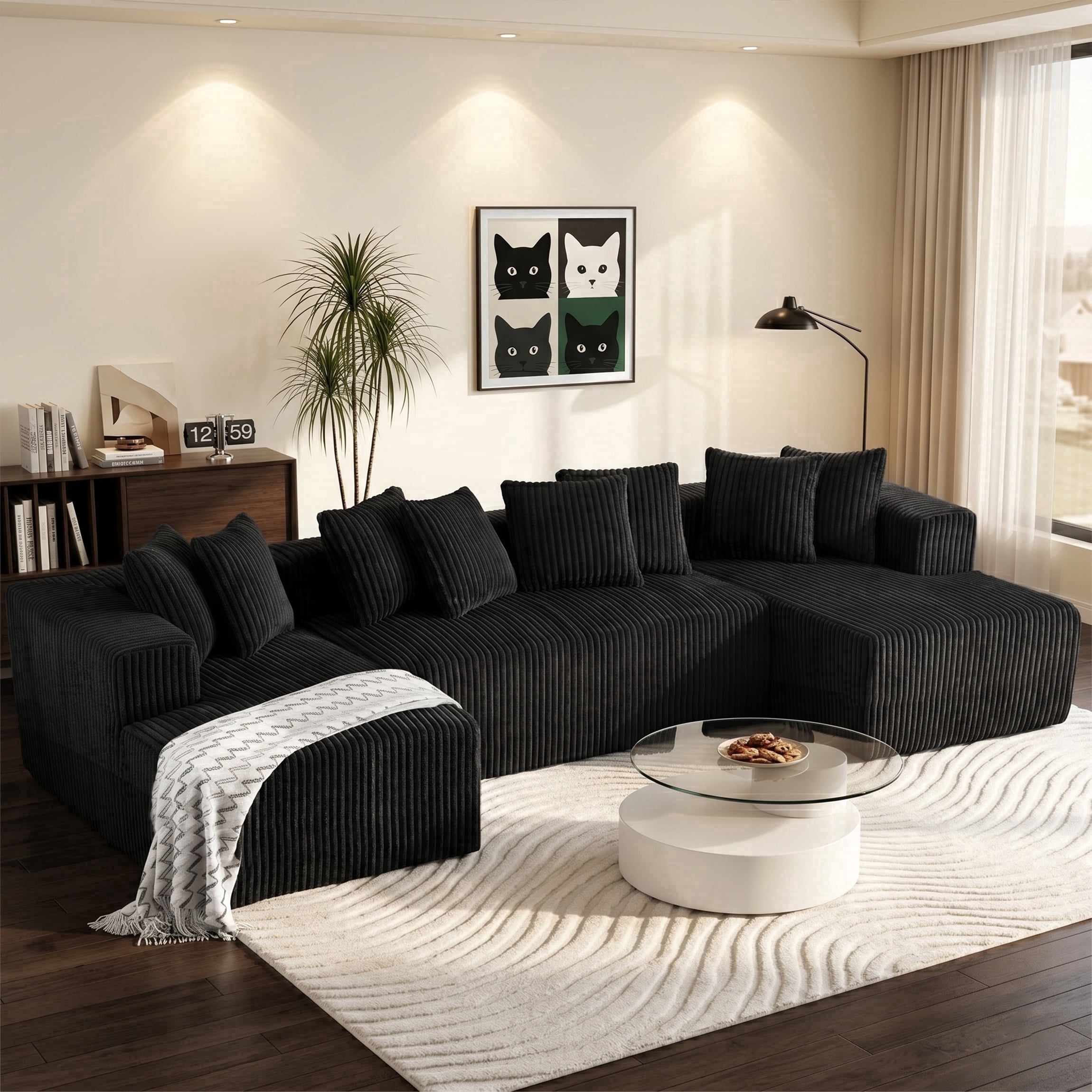 SEENYOO 130"Cloud Sectional Couch,Modular U Shaped Couch with Ottoman, No Assembly Required,Plush Corduroy Sofa with Deep Seat for Living Room,Black