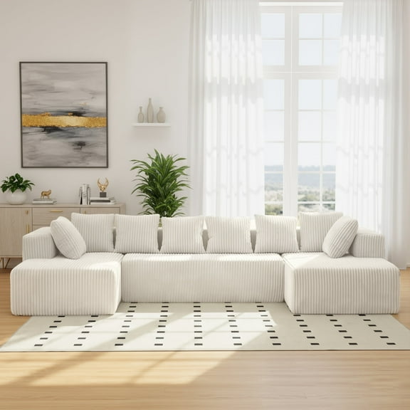 SEENYOO 130"Cloud Sectional Couch,Modular U Shaped Couch with Ottoman, No Assembly Required,Plush Corduroy Sofa with Deep Seat for Living Room,White