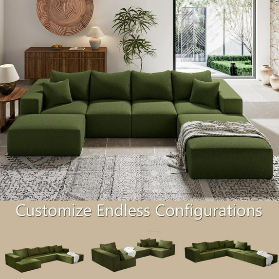 SEENYOO 132" 6-Seater Modular Sofa Bed - U-Shape/L-Shape Convertible Sectional with 6 Pillows, Free Combination Couch for Living Room & Bedroom