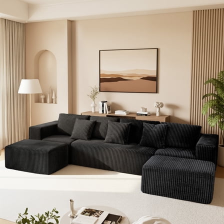 SEENYOO 132" Cloud Couch, U Shaped Sectional Couch, Striped Corduroy Modular 6-Seater Sofa for Living Room Bedroom, Reversible Chaise, Free Configuration, No Assembly, Black