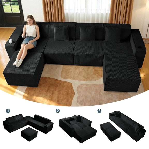 SEENYOO 133" Cloud Couch, Black Modular Sectional Sofa with 2 Ottomans, Corduroy Deep Seat for Living Room, No Assembly Required