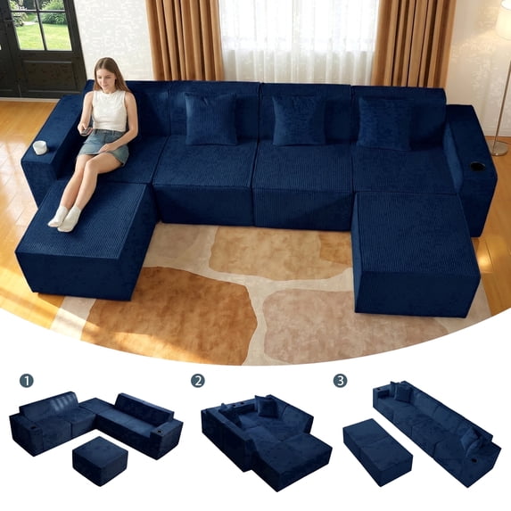 SEENYOO 133" Cloud Couch, Blue Modular Sectional Sofa with 2 Ottomans, Corduroy Deep Seat for Living Room, No Assembly Required