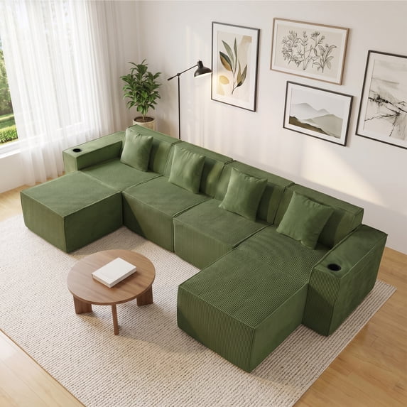 SEENYOO 133" Cloud Couch, Green Modular Sectional Sofa with 2 Ottomans, Corduroy Deep Seat for Living Room, No Assembly Required