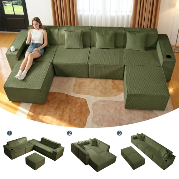 SEENYOO 133" Cloud Couch, Green Modular Sectional Sofa with 2 Ottomans, Corduroy Deep Seat for Living Room, No Assembly Required