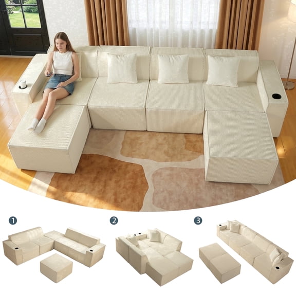SEENYOO 133" Cloud Couch, White Modular Sectional Sofa with 2 Ottomans, Corduroy Deep Seat for Living Room, No Assembly Required