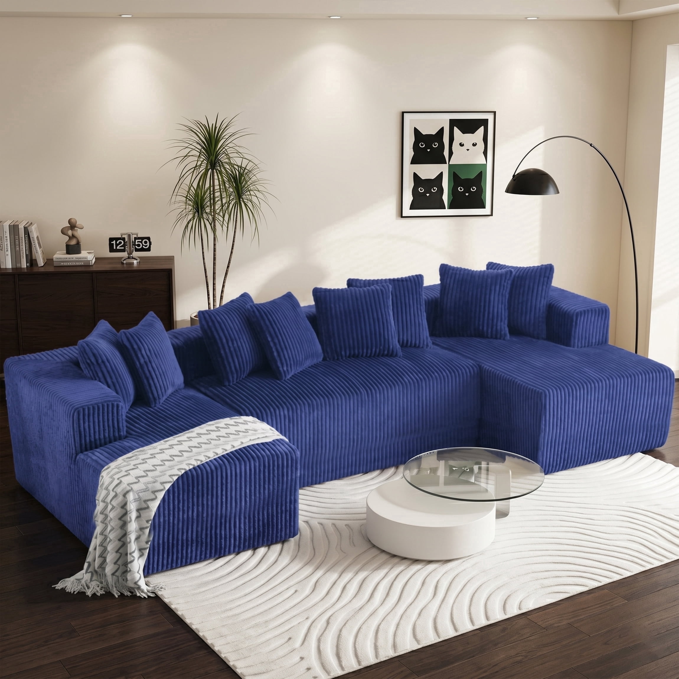SEENYOO 130" U-Shaped Modular Sectional Sofa Couch 4-Seater Boneless Corduroy Sofa No Assembly Compressed for Living Room Blue