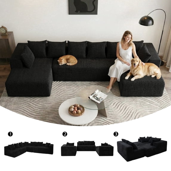 SEENYOO 130" Boneless Sectional Sofa, Cloud Couches for Living Room, U-Shaped 4-Seat Modular Sofa with Chaise, Oversized, No Assembly, Black