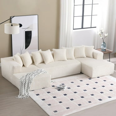 SEENYOO 133" U-Shape Modular Sofa with Chaise - 4-Seater Corduroy Sectional, No Assembly Compressed Couch, Striped Living Room,White