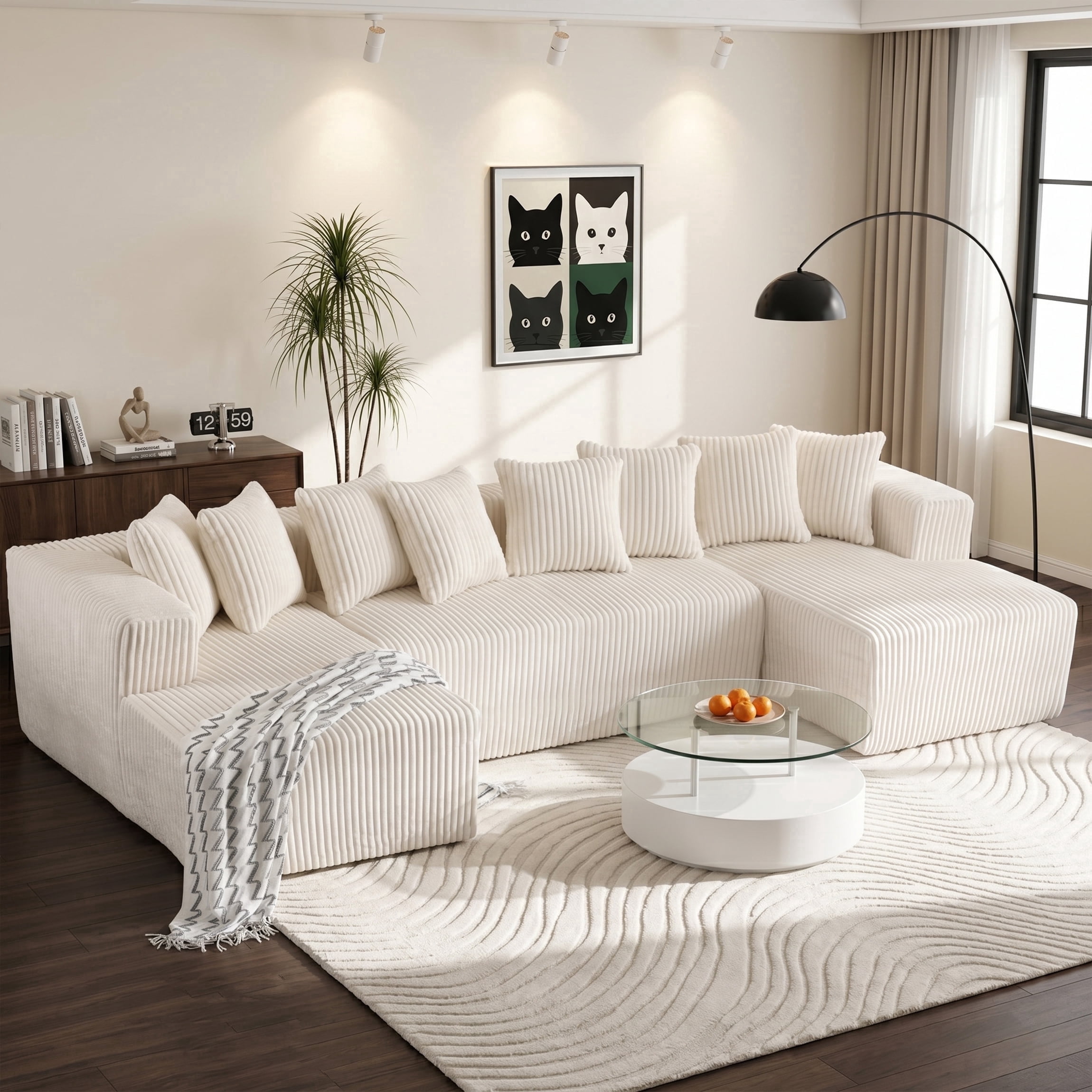 SEENYOO 130" Boneless Couch, Modern Couches for Living Room, U-Shaped 4-Seat Modular Sofa with Chaise, Oversized, No Assembly, White