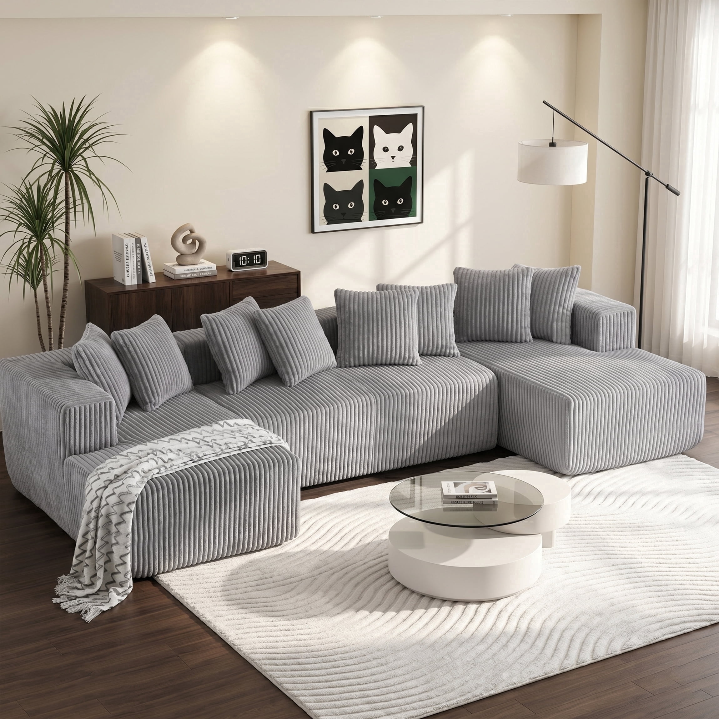 SEENYOO 130" Boneless Couch, Modern Couches for Living Room, U-Shaped 4-Seat Modular Sofa with Chaise, Oversized, No Assembly, Gray