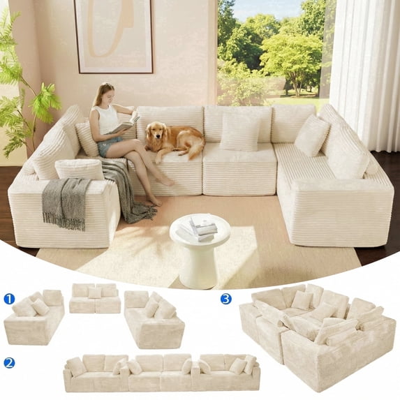 SEENYOO 135.5" Cloud Couch,Boneless Sectional Sofa for Living Room,U Shaped Couch with Chaise,6-Seater,Corduroy Fabric,White,Freely Configurable Layout