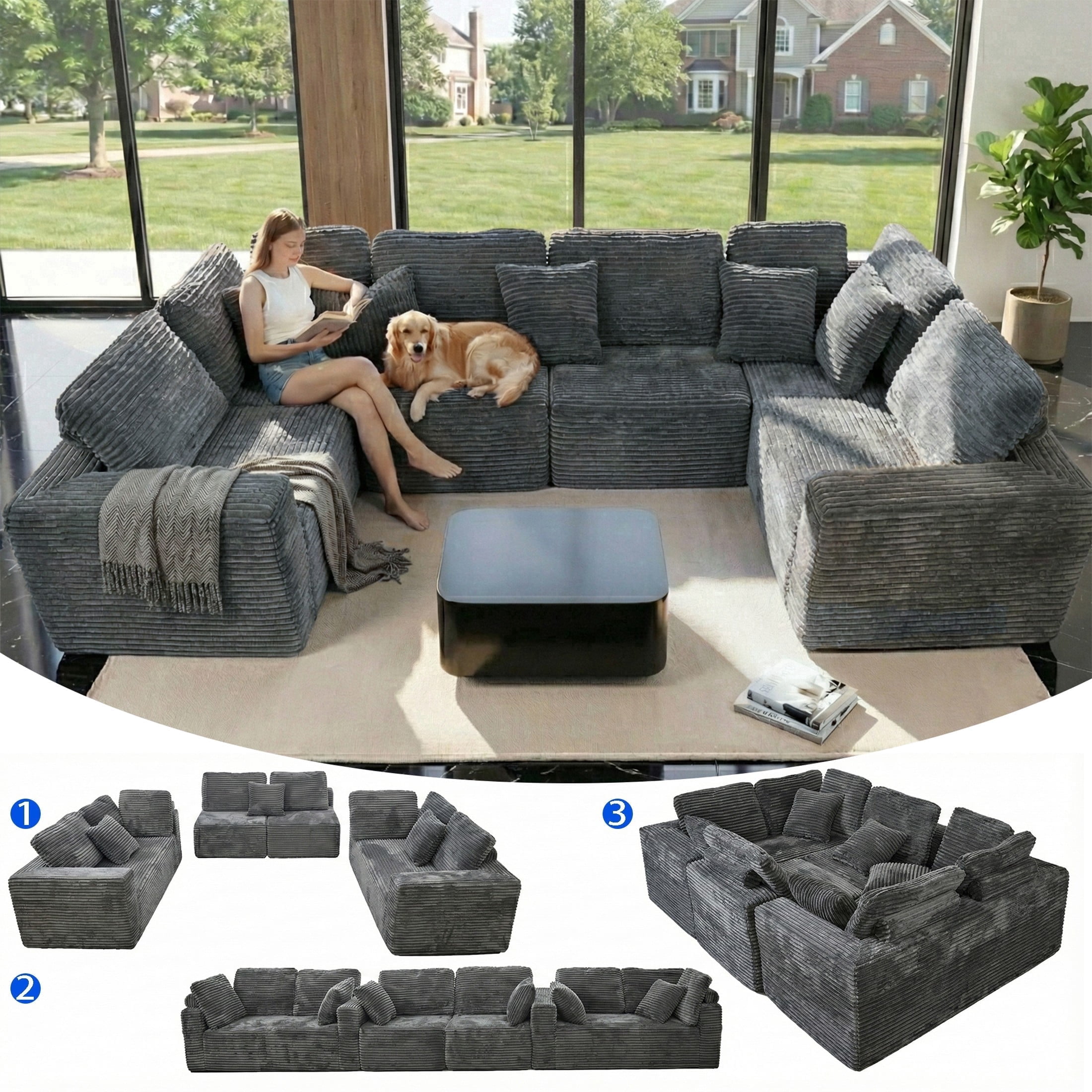 SEENYOO 135.5" Cloud Couch,Boneless Sectional Sofa for Living Room,Gray U Shaped Couch with Chaise,6-Seater,Corduroy Fabric,Freely Configurable Layout
