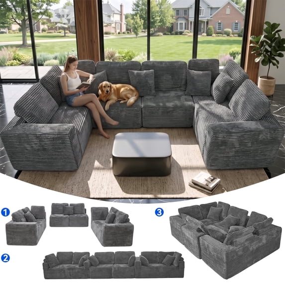 SEENYOO 135.5" Sectional Couch, Gray U Shaped Sofa for Living Room, Boneless Cloud Couch with Chaise,6-Seater, Corduroy Fabric, Freely Configurable Layout