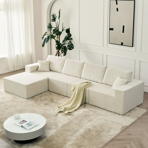 SEENYOO 139.3" Lounge Sofa, Beige Sofa Bed for Living Room, Modular Boneless Cloud Couch with Ottoman & 2 Pillows, No Assembly Needed