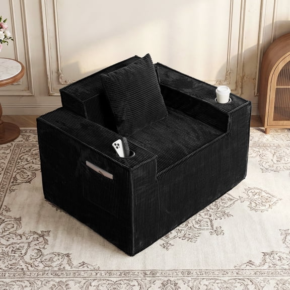 SEENYOO 41.3" Bean Bag Floor Chair, Black Modern Sofa Chair for Gaming & Reading, Lounge Chair with Pocket Spring Support, Cup Holders & Side Pockets, No Assembly