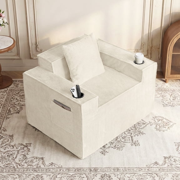 SEENYOO 41.3" Bean Bag Floor Chair, White Modern Sofa Chair for Gaming & Reading, Lounge Chair with Pocket Spring Support, Cup Holders & Side Pockets, No Assembly