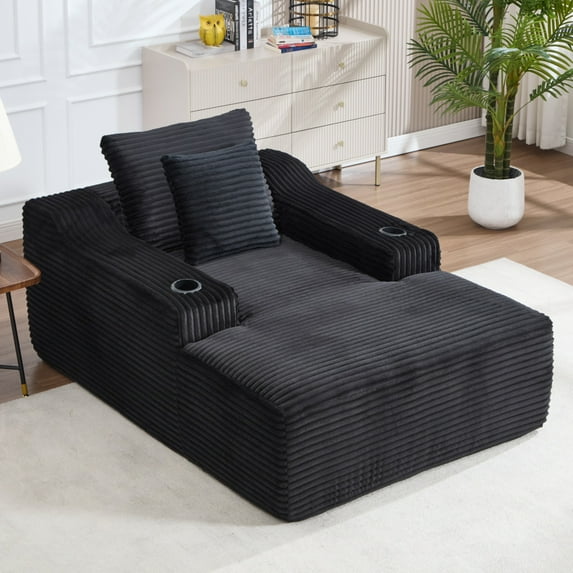 SEENYOO 46" Lounge Chair, Chaise Lounge Chair Indoor, Corduroy Oversized Sleeper Sofa, Deep Seat with 2 Pillows, No Assembly Required, Black