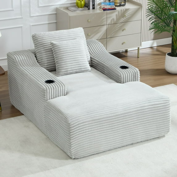 SEENYOO 46" Lounge Chair, Chaise Lounge Chair Indoor, Corduroy Oversized Sleeper Sofa, Deep Seat with 2 Pillows, No Assembly Required, Light Grey