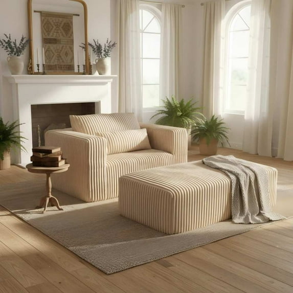 SEENYOO 62.6" Cloud Couch, Couch for Small Living Room, Modular Deep-Seat Floor Lounge Chair, Oversized All-Foam Corduroy with Ottoman, Compressed Shipping, Easy Assembly, Beige