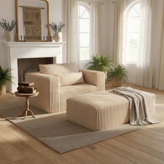 SEENYOO 62.6" Cloud Couch, Couch for Small Living Room, Modular Deep-Seat Floor Lounge Chair, Oversized All-Foam Corduroy with Ottoman, Compressed Shipping, Easy Assembly, Beige