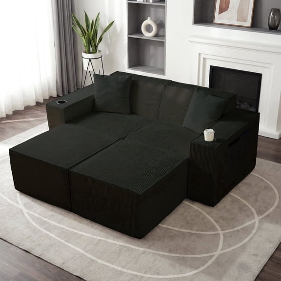 SEENYOO 77" Modular Sectional Sofa, Boneless Corduroy Deep Seat Couch with 2 Ottomans, Sofa Set For Living Room, No Assembly, Black