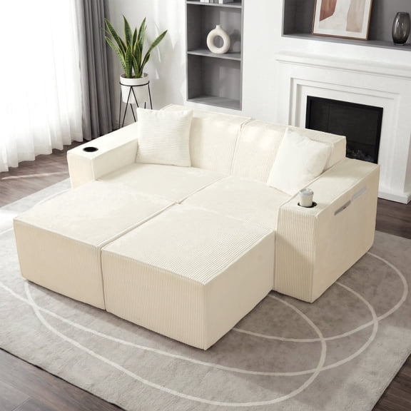 SEENYOO 77" Modular Sectional Sofa, Boneless Corduroy Deep Seat Couch with 2 Ottomans, Sofa Set For Living Room, No Assembly, White