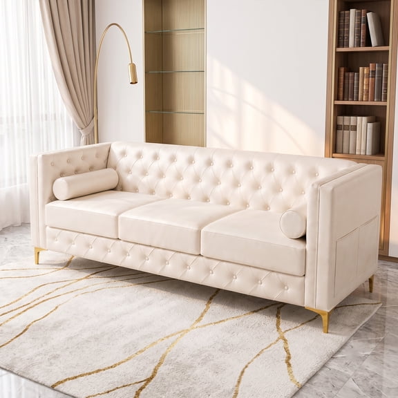 SEENYOO 78.5" Mid-Century Modern Sofa, White Faux Leather 3-Seater Couch with Deep Seat, Button Tufting, Gold Metal Legs for Living Room