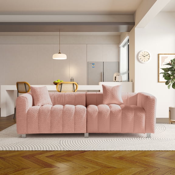 SEENYOO 83.46" Modular Couch, Comfy Couches for Living Room, Velvet Bubble Upholstered Sofa, 3-Seater Loveseat, 2 Pillows, Metal Base Legs, Pink