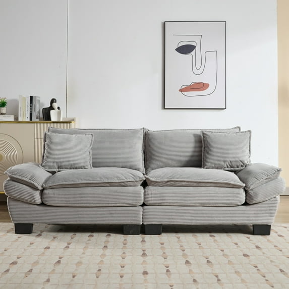 SEENYOO 84.00" Lounge Sofa, Living Room Sofas; Corduroy Sleeper Loveseat with Pillows, Upholstered Deep Seat Sofa for Multi-Space Use, Light Grey.