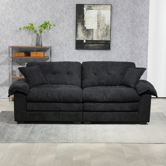 SEENYOO 84" Cloud Couch, Sofas for Living Room, Chenille Material, Memory Foam, 2 Throw Pillows, Compact Deep Seat Sofa, for Office Lounge Apartment, Black