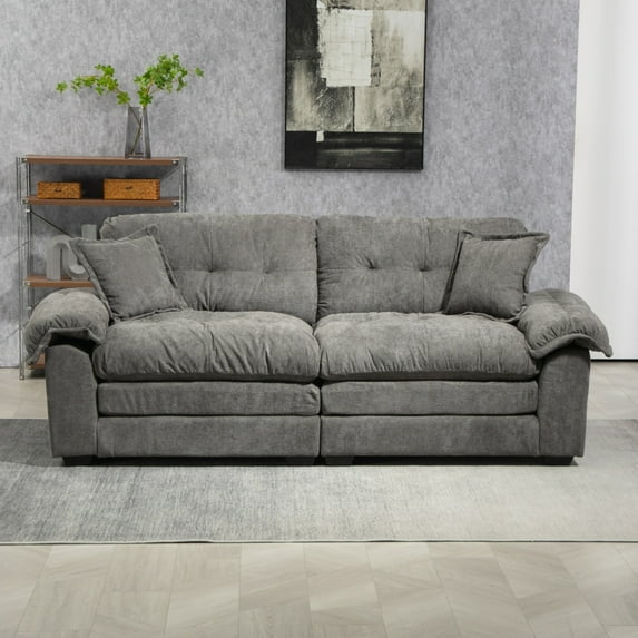SEENYOO 84" Cloud Couch, Sofas for Living Room, Chenille Material, Memory Foam, 2 Throw Pillows, Compact Deep Seat Sofa, for Office Lounge Apartment, Grey