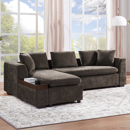 SEENYOO 93.7" L-Shaped Sectional Couch with Storage, Modular Sectional Sofa with Wooden Compartment, Upholstered Sectional Couches for Living Room, Brown