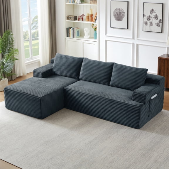 SEENYOO 96.1" Boneless Couch, Black Couches for Living Room, L-Shaped Cloud Modular Sectional, Deep Seat & Sleeper, No Assembly Required, Dark Grey