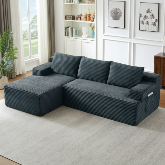 SEENYOO 96.1" Boneless Couch, Black Couches for Living Room, L-Shaped Cloud Modular Sectional, Deep Seat & Sleeper, No Assembly Required, Dark Grey