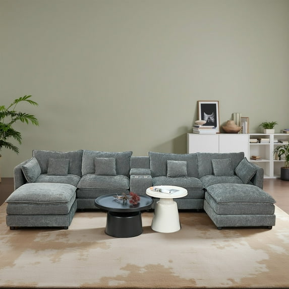 144" Cloud Couch,Grey Modular Sectional Sofa,U Shaped Couch with Ottoman, Chenille Fabric,6 Seats with Pillows,Cup holder,sofa set for living room